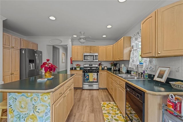 112 County Rd, Barrington, RI 02806 - kitchen with appliances with stainless steel finishes, light wood-style flooring, a ceiling fan, crown molding, and tasteful backsplash