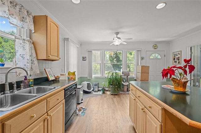 112 County Rd, Barrington, RI 02806 - kitchen featuring black dishwasher, light wood-style flooring, a ceiling fan, light brown cabinets, and recessed lighting