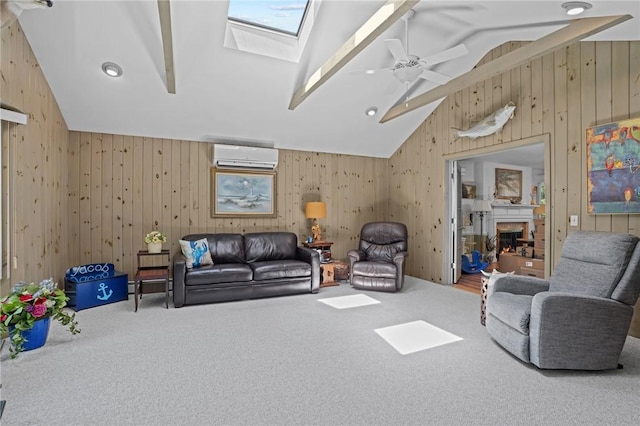 112 County Rd, Barrington, RI 02806 - living room with lofted ceiling, an AC wall unit, a skylight, carpet flooring, and wooden walls