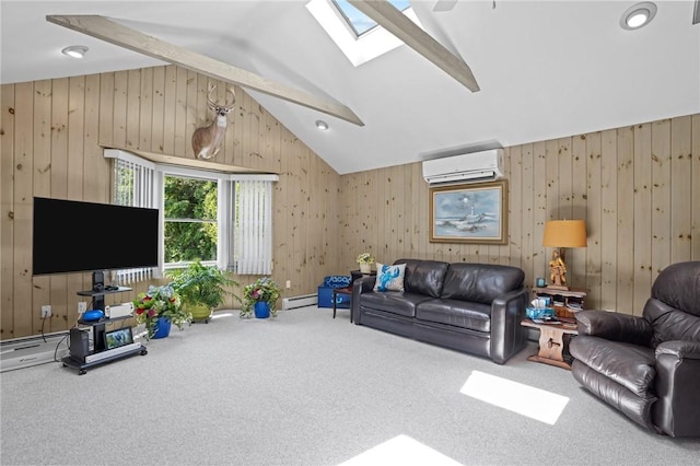 112 County Rd, Barrington, RI 02806 - carpeted living room featuring a skylight, an AC wall unit, vaulted ceiling, wood walls, and baseboard heating
