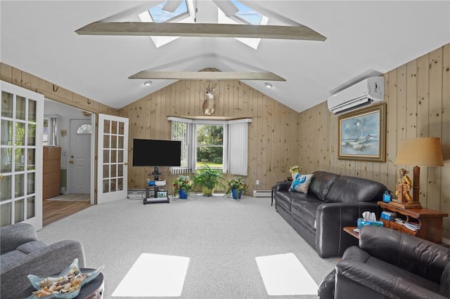 112 County Rd, Barrington, RI 02806 - carpeted living room featuring a skylight, wood walls, vaulted ceiling, a wall mounted AC, and baseboard heating