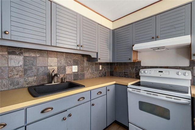 401 Bellevue Ave Unit 100, Newport, RI 02840 - kitchen featuring white electric stove, under cabinet range hood, light countertops, and decorative backsplash