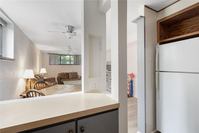 401 Bellevue Ave Unit 100, Newport, RI 02840 - kitchen with freestanding refrigerator, light countertops, a ceiling fan, light wood finished floors, and a textured wall