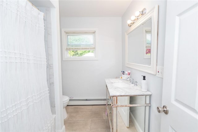 201 Hillcrest Ave, Providence, RI 02909 - bathroom with a baseboard heating unit, vanity, tile patterned floors, and a shower with curtain