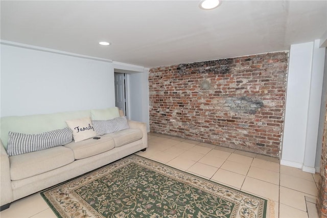 201 Hillcrest Ave, Providence, RI 02909 - living room featuring brick wall, recessed lighting, and tile patterned floors