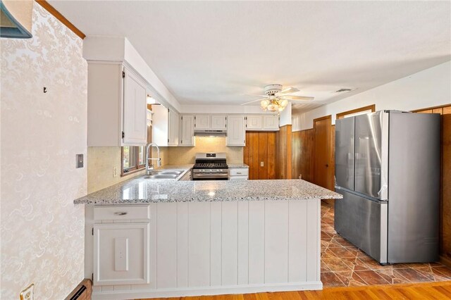 253 Nelson St, Providence, RI 02908 - kitchen featuring appliances with stainless steel finishes, under cabinet range hood, a peninsula, ceiling fan, and light stone countertops