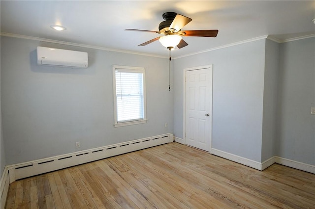 21 Carpenter Ave, Barrington, RI 02806 - unfurnished room featuring a wall unit AC, a baseboard radiator, a ceiling fan, ornamental molding, and wood finished floors