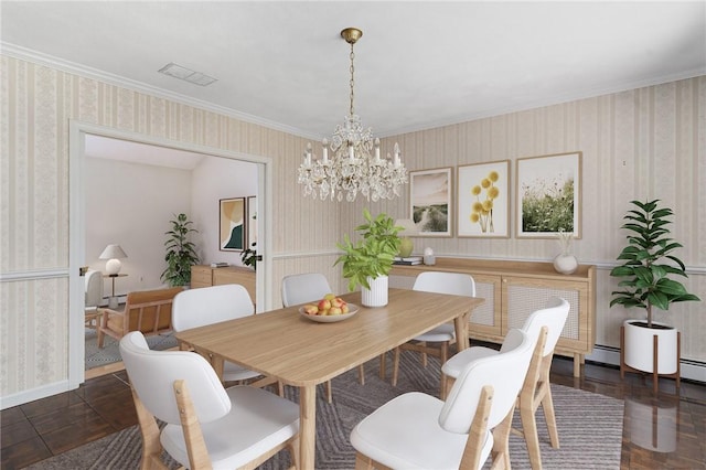9 Beacon Hill Dr, Warwick, RI 02886 - dining area featuring wallpapered walls, a chandelier, ornamental molding, and wood finished floors