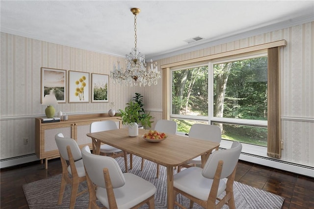 9 Beacon Hill Dr, Warwick, RI 02886 - dining space featuring wallpapered walls, a baseboard heating unit, and a chandelier