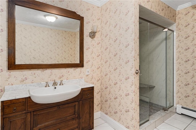 9 Beacon Hill Dr, Warwick, RI 02886 - full bathroom with ornamental molding, tile patterned flooring, vanity, a stall shower, and a baseboard radiator