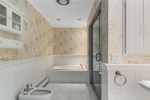 9 Beacon Hill Dr, Warwick, RI 02886 - full bath with a baseboard radiator, a garden tub, wainscoting, wallpapered walls, and a bidet