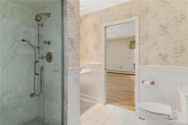 9 Beacon Hill Dr, Warwick, RI 02886 - full bathroom with a wainscoted wall, a shower stall, a baseboard heating unit, wallpapered walls, and tile patterned floors
