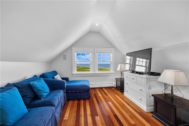 1210 Graces Cove Rd, Block Island, RI 02807 - living room with baseboard heating, lofted ceiling, and wood finished floors