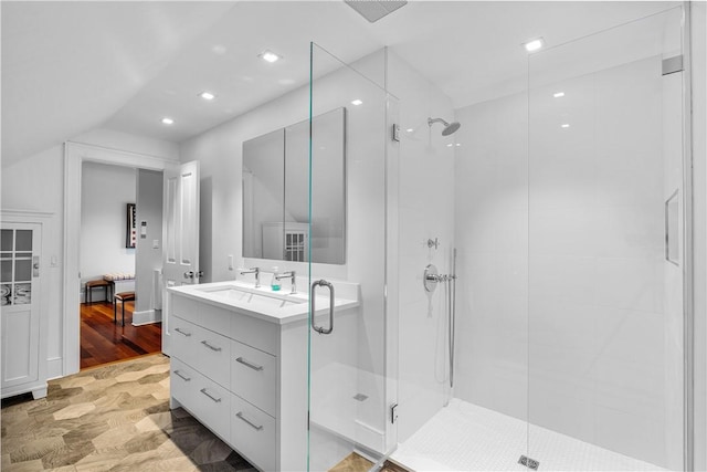 1210 Graces Cove Rd, Block Island, RI 02807 - bathroom with a shower stall, vanity, and recessed lighting