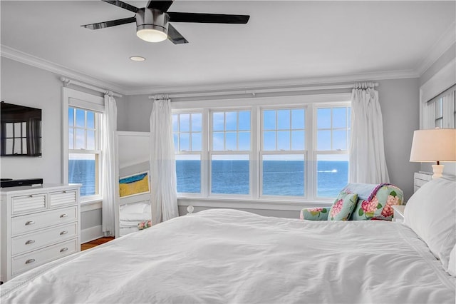 1210 Graces Cove Rd, Block Island, RI 02807 - bedroom with a water view, ornamental molding, and ceiling fan