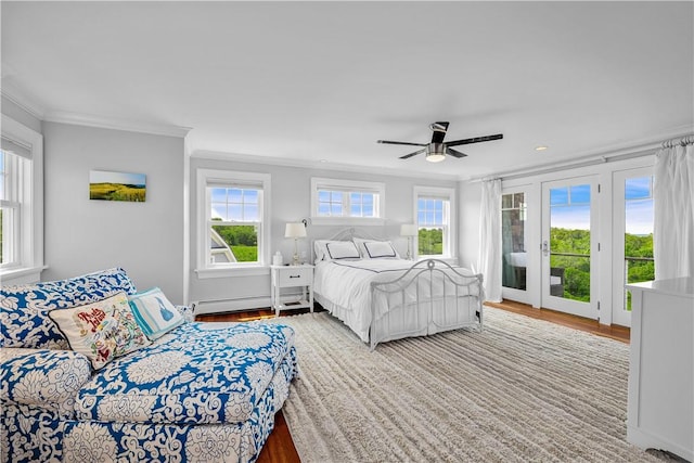 1210 Graces Cove Rd, Block Island, RI 02807 - bedroom with crown molding, access to outside, wood finished floors, a baseboard radiator, and a ceiling fan