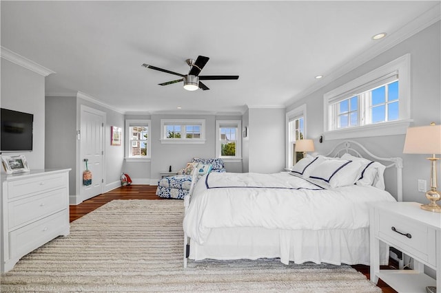 1210 Graces Cove Rd, Block Island, RI 02807 - bedroom featuring crown molding, multiple windows, wood finished floors, recessed lighting, and a ceiling fan