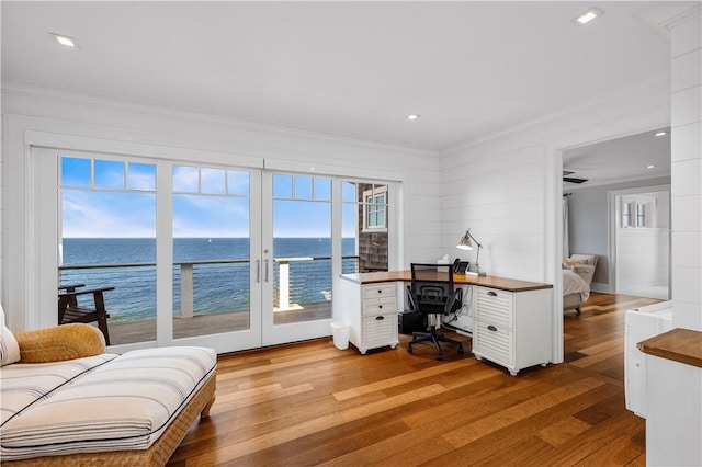 1210 Graces Cove Rd, Block Island, RI 02807 - home office with french doors, crown molding, light wood-style floors, and a water view