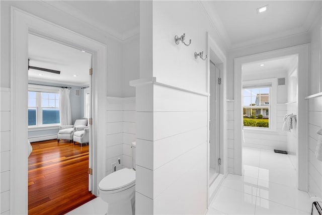 1210 Graces Cove Rd, Block Island, RI 02807 - bathroom featuring crown molding, baseboard heating, a stall shower, and tile patterned floors