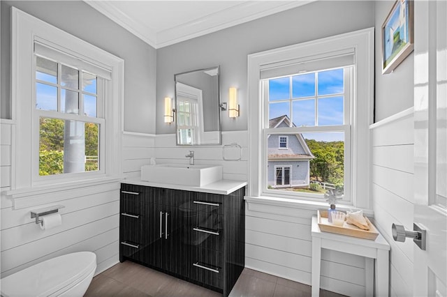 1210 Graces Cove Rd, Block Island, RI 02807 - bathroom with vanity, crown molding, and wainscoting