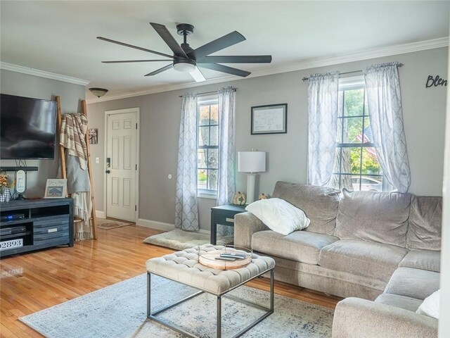 19 Revere Ave, West Warwick, RI 02893 - living room featuring ornamental molding, wood finished floors, and a ceiling fan