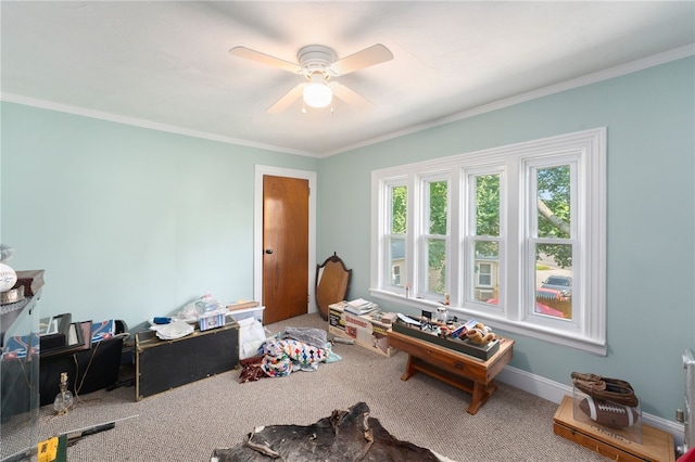 49 Palmer Ave, Warwick, RI 02889 - playroom featuring a ceiling fan, carpet flooring, and ornamental molding