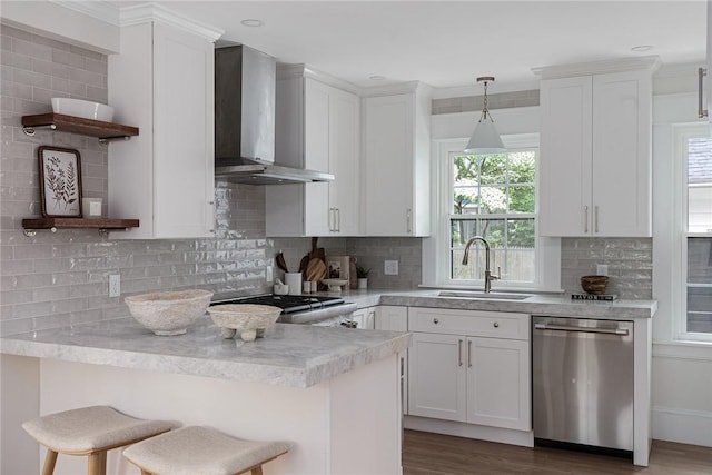 175 Freeman Pkwy, Providence, RI 02906 - kitchen featuring stainless steel dishwasher, wall chimney range hood, open shelves, white cabinetry, and recessed lighting