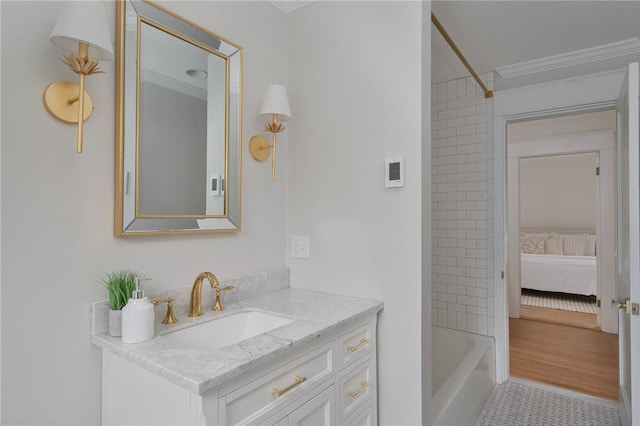 175 Freeman Pkwy, Providence, RI 02906 - full bath with ornamental molding, vanity, washtub / shower combination, ensuite bath, and tile patterned floors