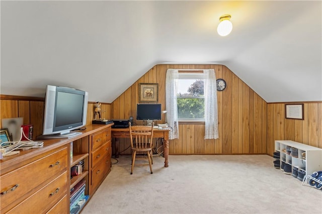 75 Crescent Ave, Cranston, RI 02910 - home office with wood walls, lofted ceiling, and light colored carpet