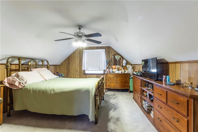 75 Crescent Ave, Cranston, RI 02910 - bedroom featuring wooden walls, lofted ceiling, light colored carpet, and a ceiling fan