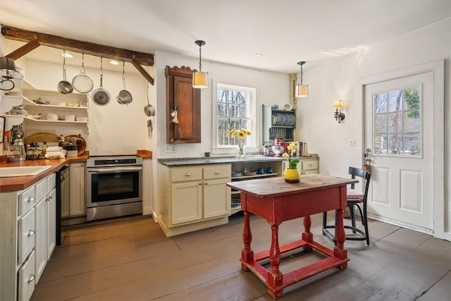 15 N Main St, Freetown, MA 02702 - kitchen featuring electric range, pendant lighting, open shelves, and beamed ceiling