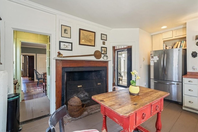 15 N Main St, Freetown, MA 02702 - kitchen featuring freestanding refrigerator, a fireplace, wood counters, and crown molding