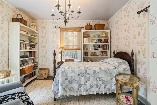15 N Main St, Freetown, MA 02702 - bedroom with wallpapered walls, ornamental molding, and a chandelier
