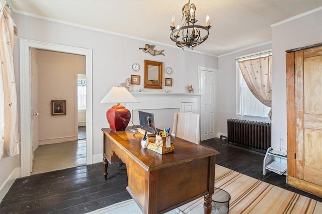 15 N Main St, Freetown, MA 02702 - home office with radiator, wood-type flooring, a chandelier, and crown molding
