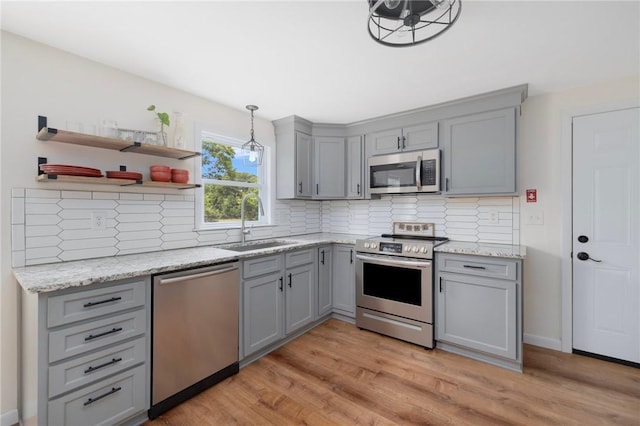 120 Landis Dr, Warwick, RI 02818 - kitchen featuring appliances with stainless steel finishes, gray cabinets, and decorative backsplash