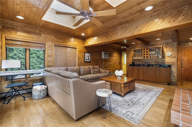 788 Namquid Dr, Warwick, RI 02888 - living room with wood ceiling, wood walls, light wood-type flooring, ceiling fan, and recessed lighting