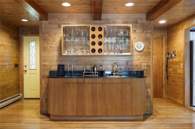 788 Namquid Dr, Warwick, RI 02888 - indoor wet bar featuring wood walls, light wood finished floors, recessed lighting, baseboard heating, and a wood ceiling with exposed beams