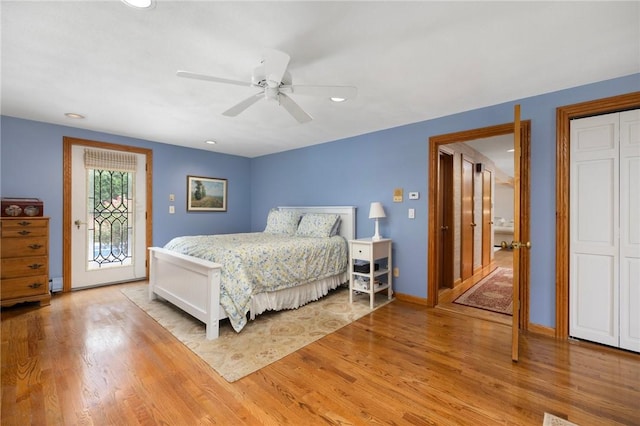 788 Namquid Dr, Warwick, RI 02888 - bedroom with access to outside, light wood finished floors, recessed lighting, and ceiling fan