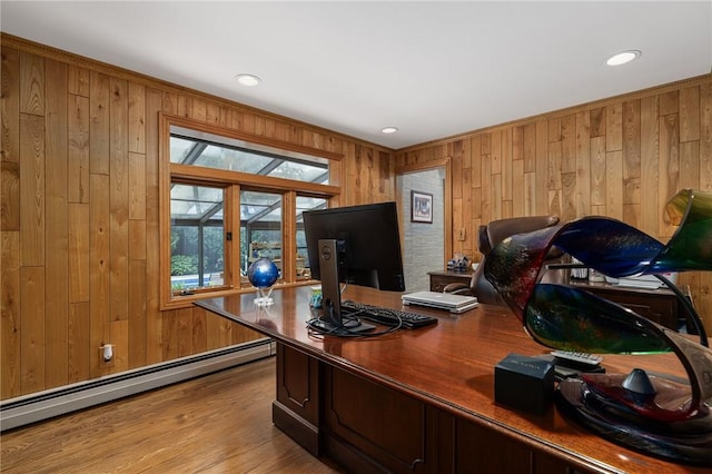 788 Namquid Dr, Warwick, RI 02888 - office featuring baseboard heating, wooden walls, wood finished floors, and recessed lighting