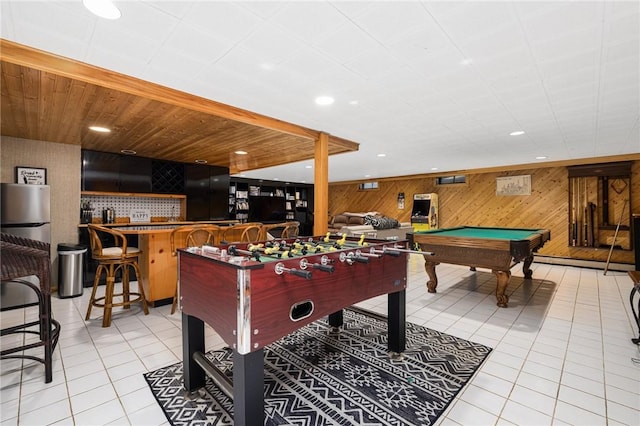 788 Namquid Dr, Warwick, RI 02888 - rec room with light tile patterned flooring, billiards, wood walls, and recessed lighting