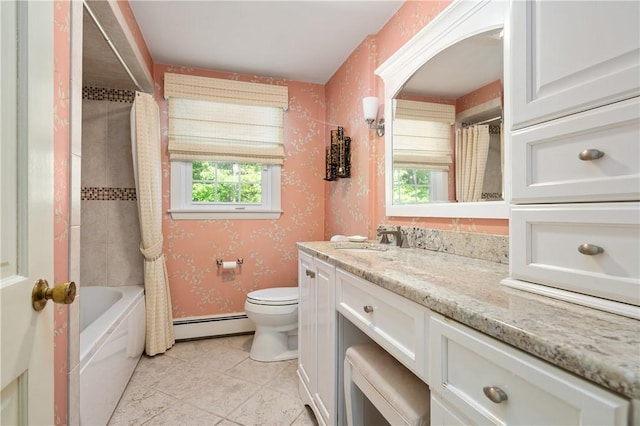 70 High Ridge Dr, Cumberland, RI 02864 - bathroom featuring baseboard heating, vanity, wallpapered walls, shower / bathtub combination with curtain, and tile patterned flooring
