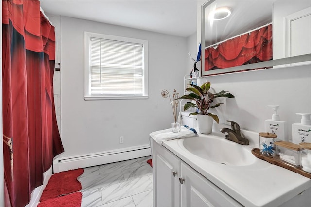101 Benefit St, Pawtucket, RI 02860 - bathroom featuring baseboard heating, marble finish flooring, vanity, and curtained shower