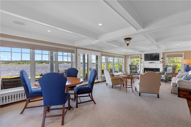 9 Arraquat Rd, Westerly, RI 02891 - sunroom with french doors, beam ceiling, a water view, and coffered ceiling