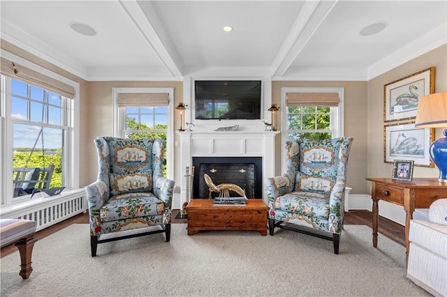 9 Arraquat Rd, Westerly, RI 02891 - living area featuring beamed ceiling, a fireplace, wood finished floors, and radiator heating unit