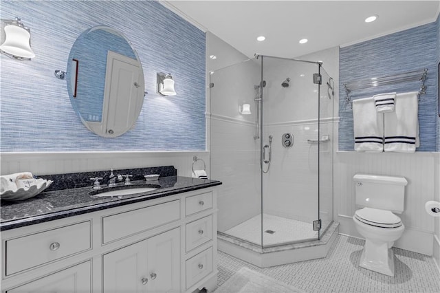9 Arraquat Rd, Westerly, RI 02891 - bathroom with tile patterned floors, vanity, a shower stall, and recessed lighting