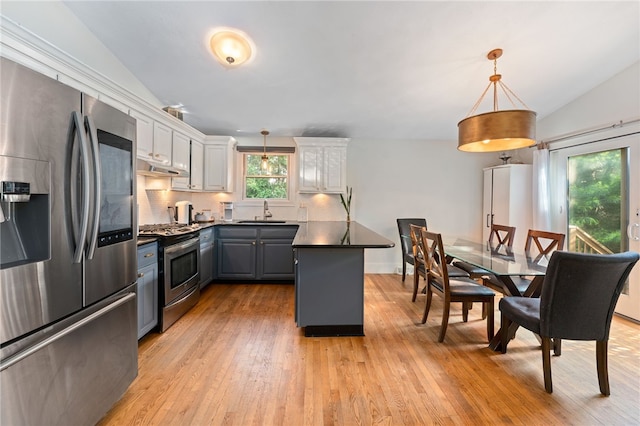 11 Burr Ave, Barrington, RI 02806 - kitchen with appliances with stainless steel finishes, light wood-type flooring, gray cabinetry, a peninsula, and lofted ceiling