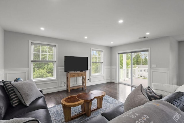 15 Spadina Ave, Warwick, RI 02889 - living area with a wainscoted wall, a decorative wall, dark wood-style floors, and recessed lighting