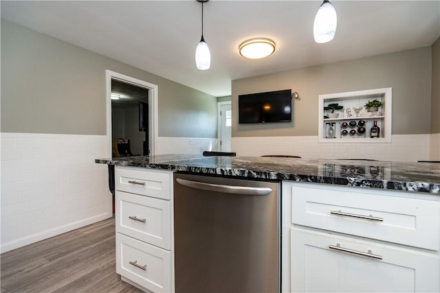 111 Belgium St, Cranston, RI 02920 - kitchen with stainless steel dishwasher, white cabinets, and dark stone countertops