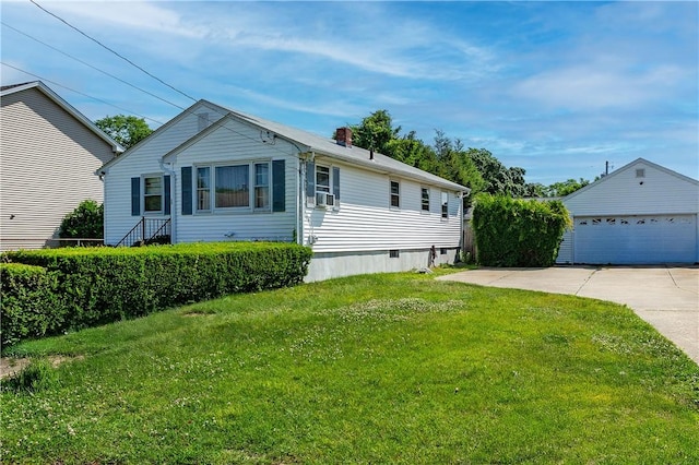 111 Belgium St, Cranston, RI 02920 - view of front of property featuring a detached garage, a front lawn, an outdoor structure, and a chimney