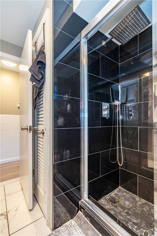111 Belgium St, Cranston, RI 02920 - full bath with a shower stall and marble finish floors